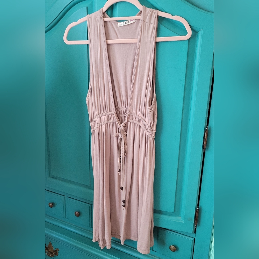 POL Sleeveless Beige Mini Dress/Cover Up with Tie Front